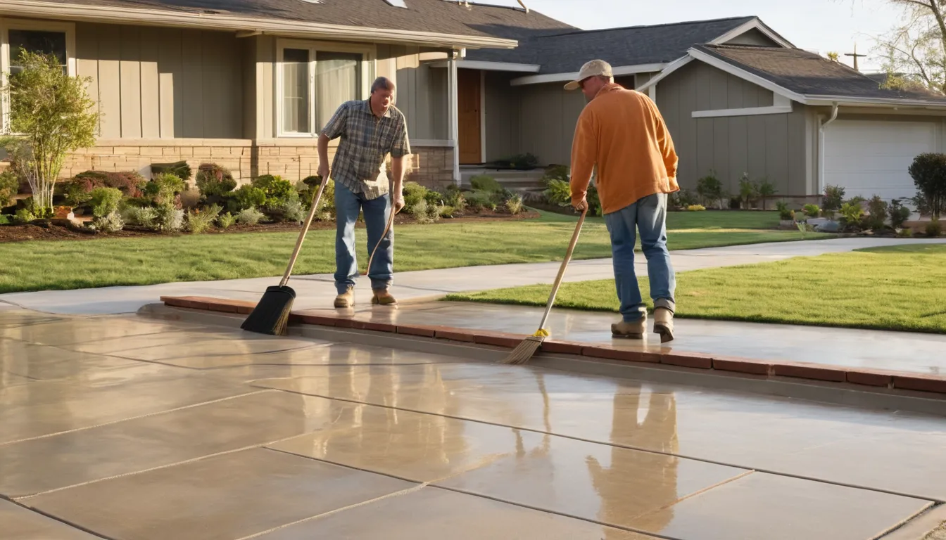 Freshly poured concrete driveway beside a frame house in Milwaukee with a provider smoothing the surface