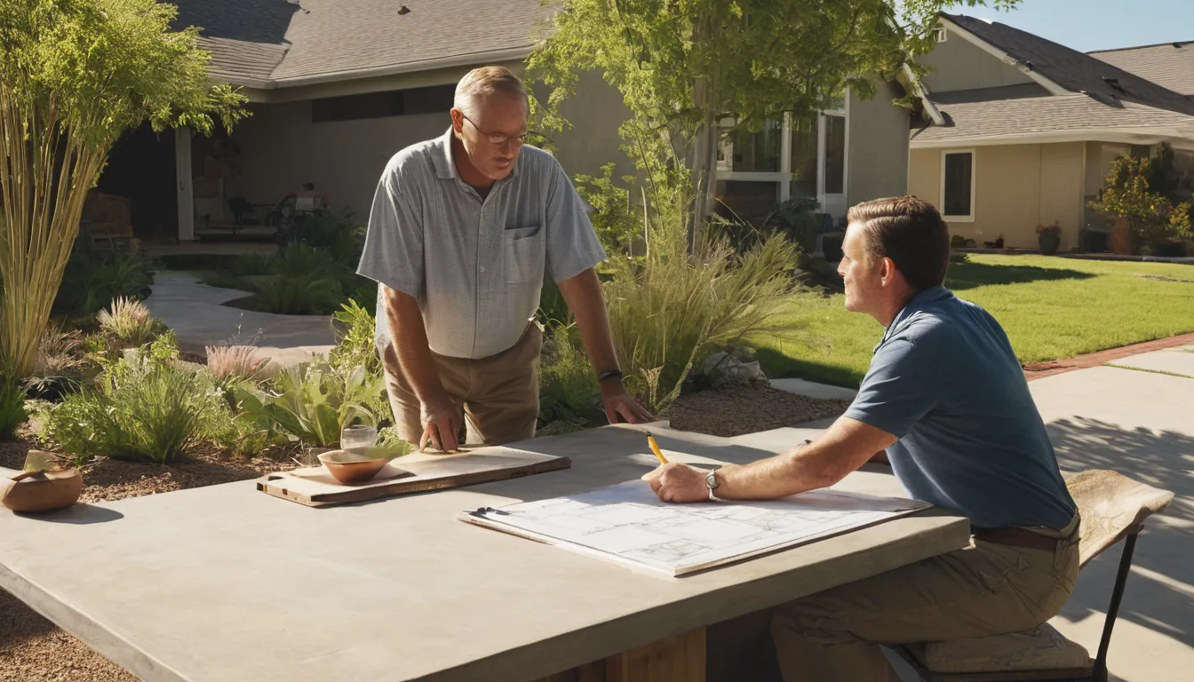 Homeowner reviewing a patio plan with a local concrete provider